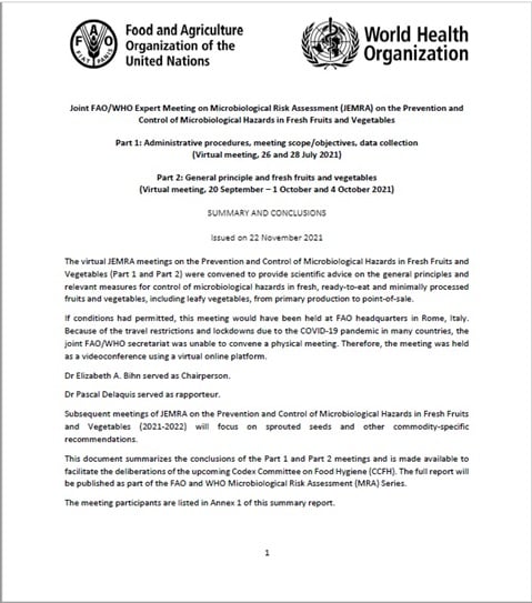 Joint FAO/WHO Expert Meeting on Microbiological Risk Assessment on the Prevention and Control of Microbiological Hazards in Fresh Fruits and Vegetables - Part 1 and Part 2