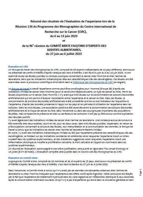 Résumé des résultats de l’évaluation de l’aspartame lors de la Réunion 134 du Programme des Monographies du Centre international de Recherche sur le Cancer (CIRC) et de la 96e réunion du Comité Mixte FAO/OMS d’Experts des Additifs Alimentaires