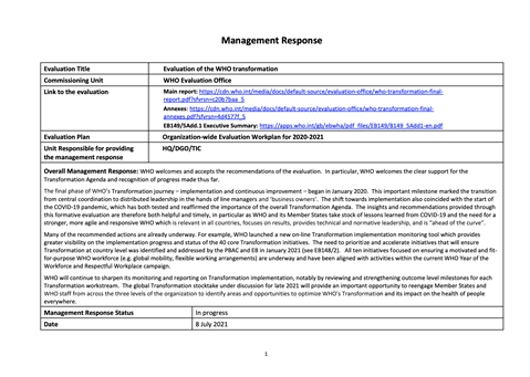 Evaluation of WHO transformation - Management Response - July 2021