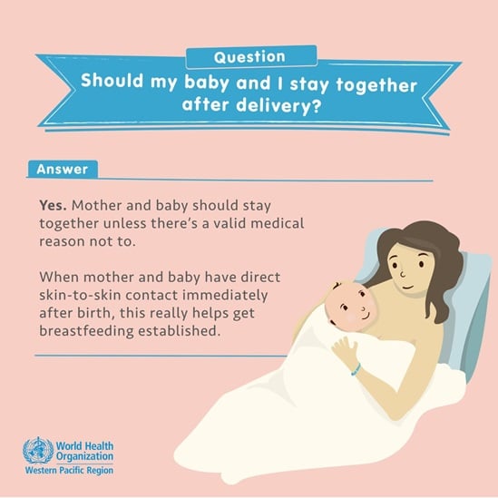 Graphic addressing whether mothers and babies should room together after delivery